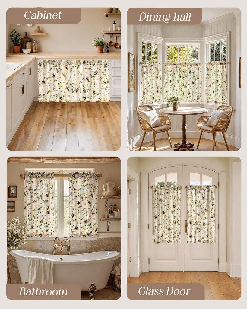 Bee Kitchen Tier Curtains - 45 Inch Length Linen Blend Country Cafe Curtains Farmhouse Small Window Treatments Over