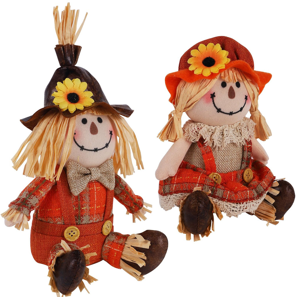 2 Pack Fall Tabletop Decorations Scarecrows, Thanksgiving Harvest Handmade Scarecrow, Autumn Shelf Sitters Figurine