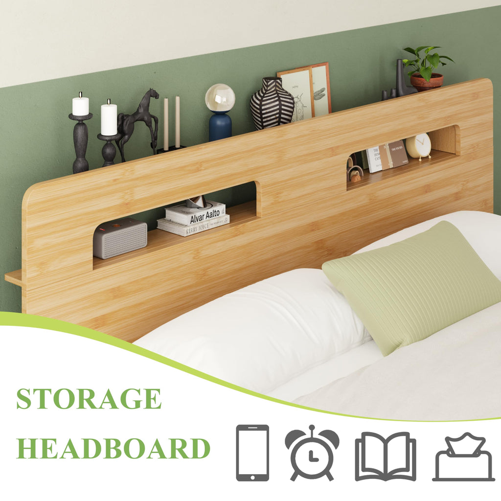 Solid Bamboo Wood King Size Bed Frame with Storage Headboard, 14 inch Platform King Bed Frame No Box Spring Needed