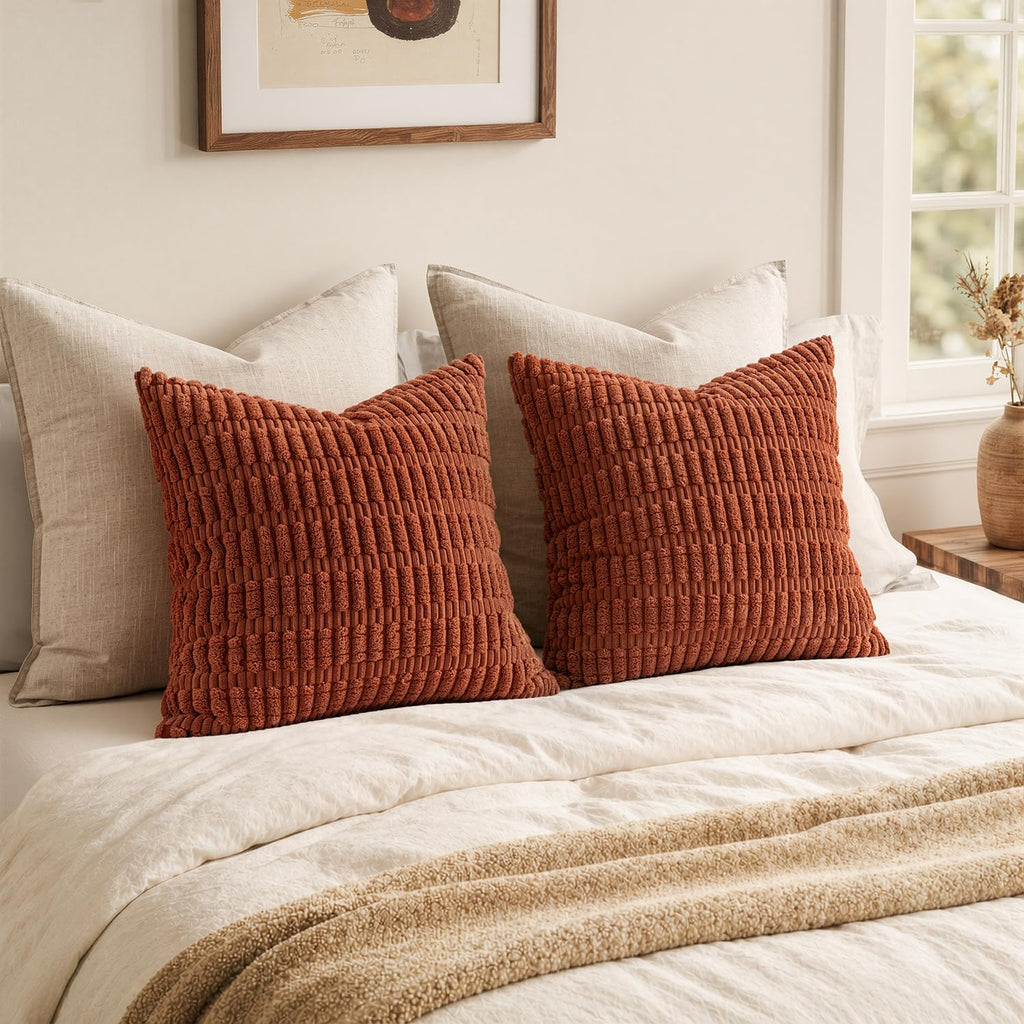 Fall Corduroy Decorative Throw Pillow Covers 18x18 Rust Pack of 2