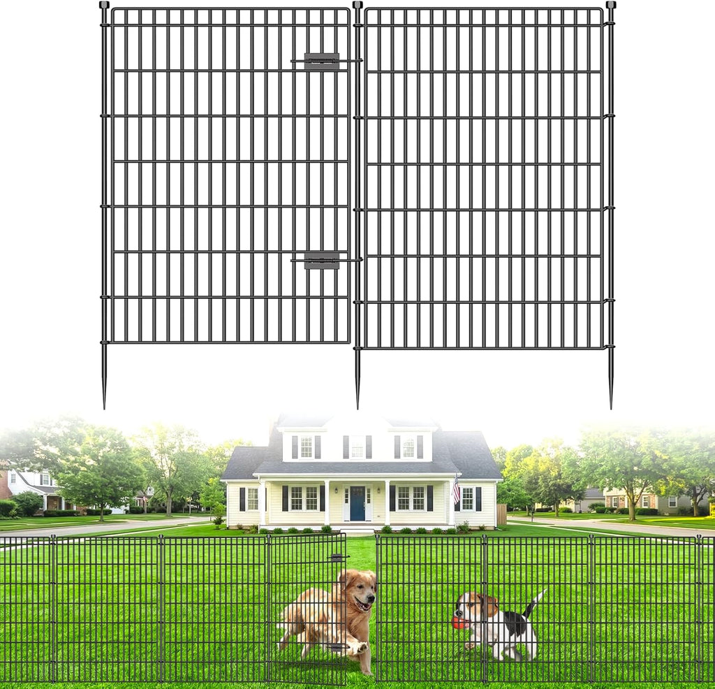 8 Panels No Dig Garden Fence with Gate, 48in(H) × 21ft(L) Decorative Metal Outdoor Dog Fence, Rustproof Pet Fencing