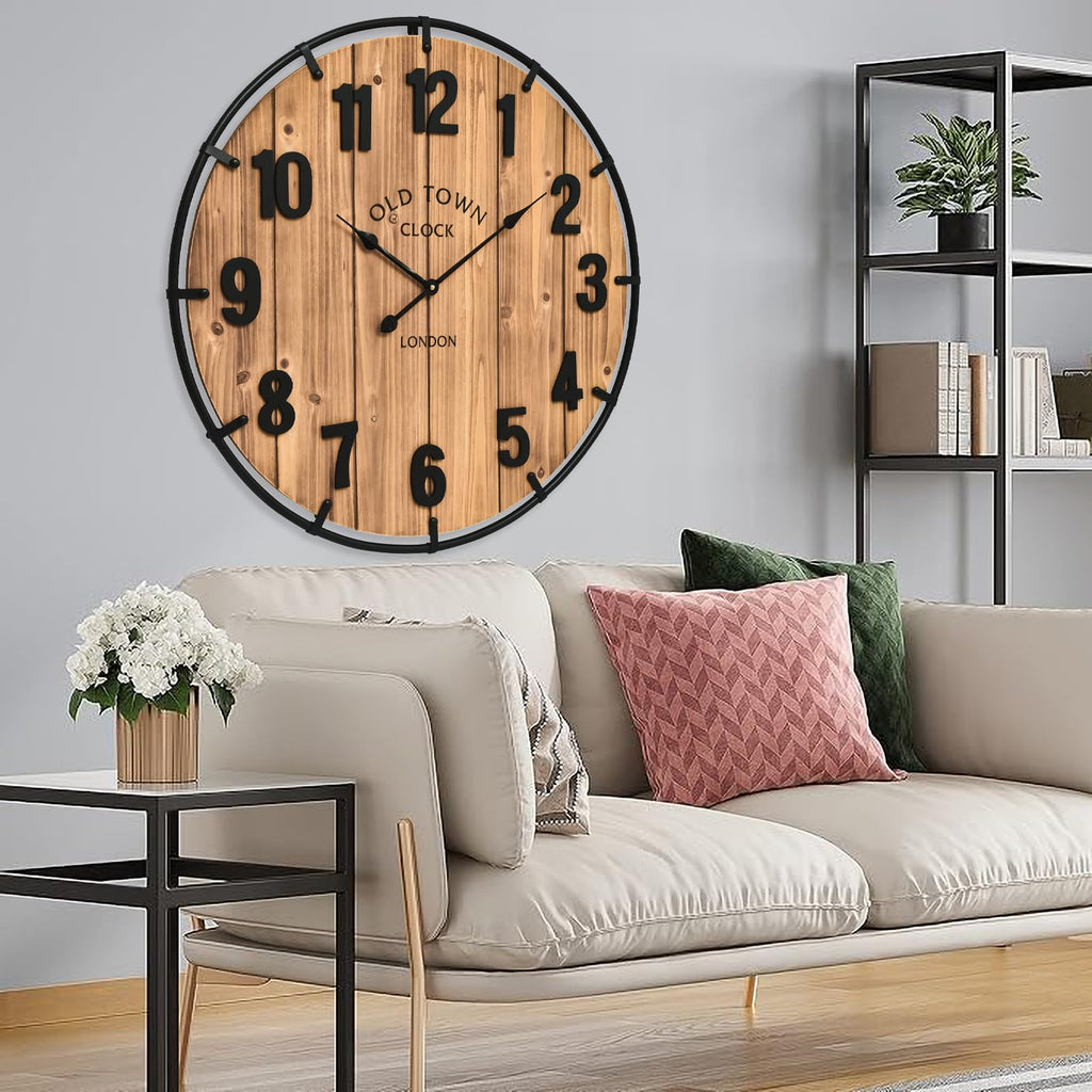 30 Inch Farmhouse Wall Clock Large Old Town Vintage Rustic Wooden Clock with Metal Rim and Large Numerals, Silent