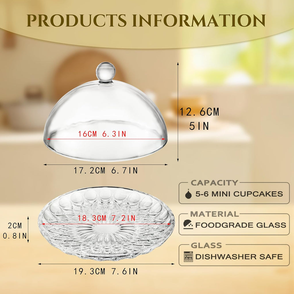 7'' Glass Cake Plate with Dome, Clear Cake Stand with Lid - Set of 2