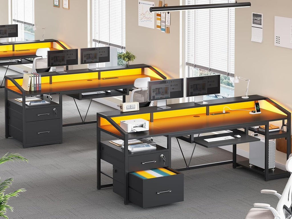 63" Computer Desk, Office Desk with Lockable Drawers for Legal/Letter File, Gaming Desk with LED Lights & Power