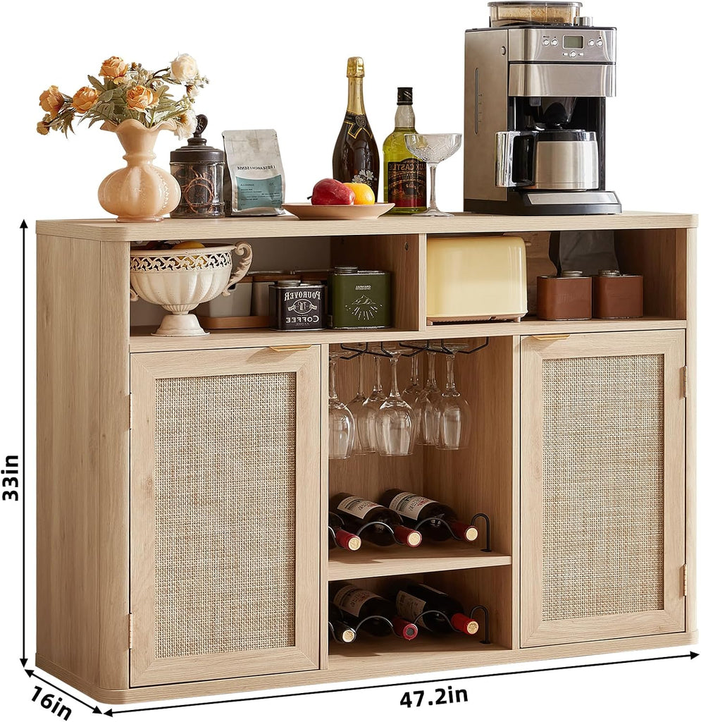 Rattan Wine Bar Cabinet with 2 Doors, Natural Wood | Boho Liquor Cabinet with Wine Racks & 2 Open Shelves & Rounded