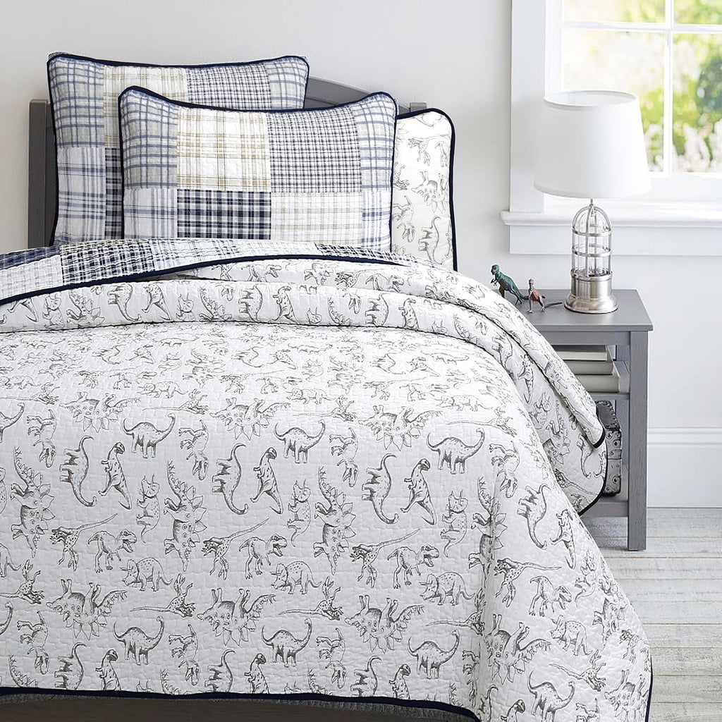 Cute Dinosaur Plaid Navy Blue White Grey Bedding Quilt Set 100% Cotton Reversible Coverlet Bedspread Set for