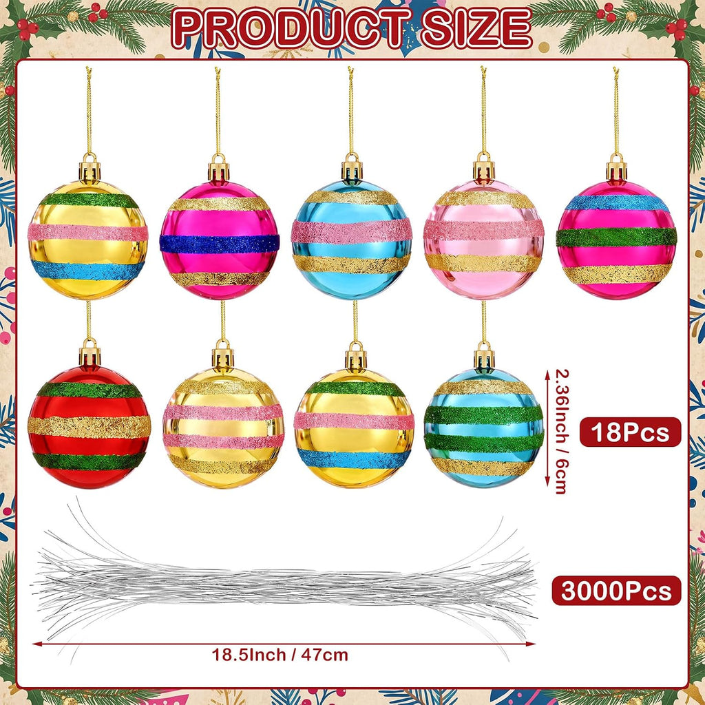 Vintage Christmas Tree Ornaments Set, 2.4'' Retro Striped Ball