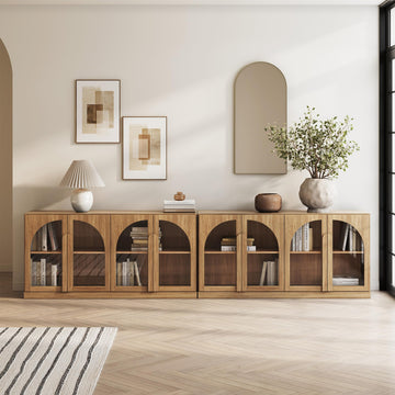 Set of 2 Bijou 64" Modern Buffet Sideboard, Mid-Century Arched Glass Door Cabinet, Wood Grain Console - Camel