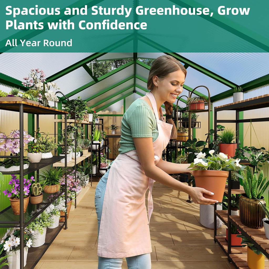 8x12ft Walk-in Greenhouse, Heavy Duty Large Outdoor Green House | Polycarbonate Garden Greenhouse with Roof Vent