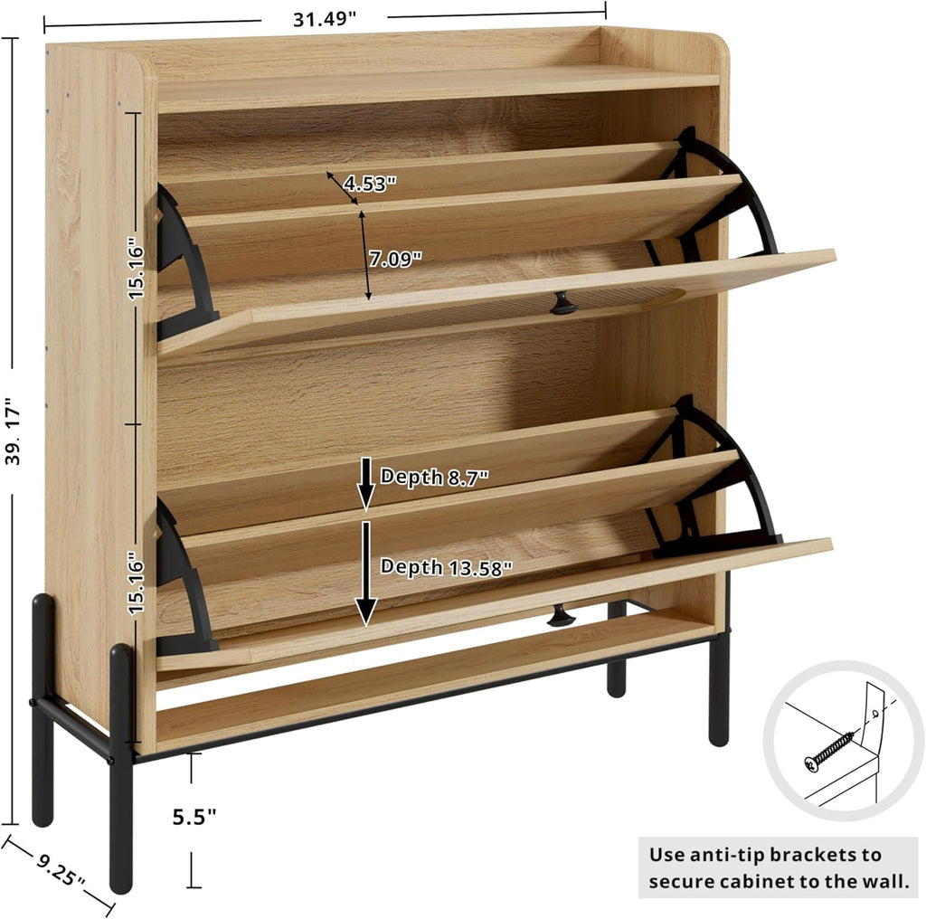 Shoe Cabinet Storage with 2 Flip Drawers, Free Standing Wooden Shoe Storage Organizer Cabinet with Rattan Doors
