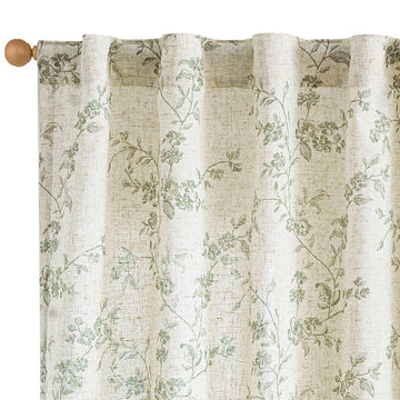 Extra Long Green Vintage Floral Linen Curtains Farmhouse 2 Panels