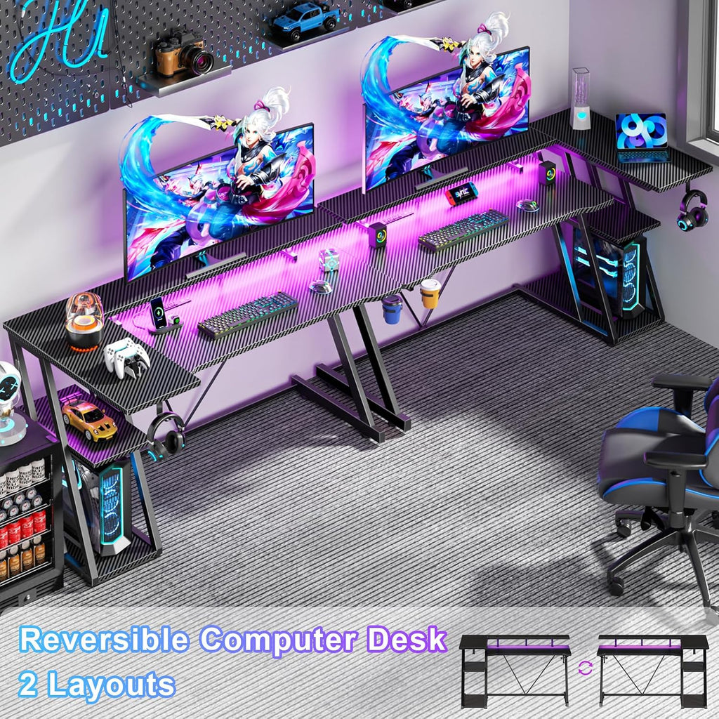 55 Inch Gaming Desk with Power Outlet & LED Lights, L Shaped Gamer Computer Table with Storage Shelves , Corner Home