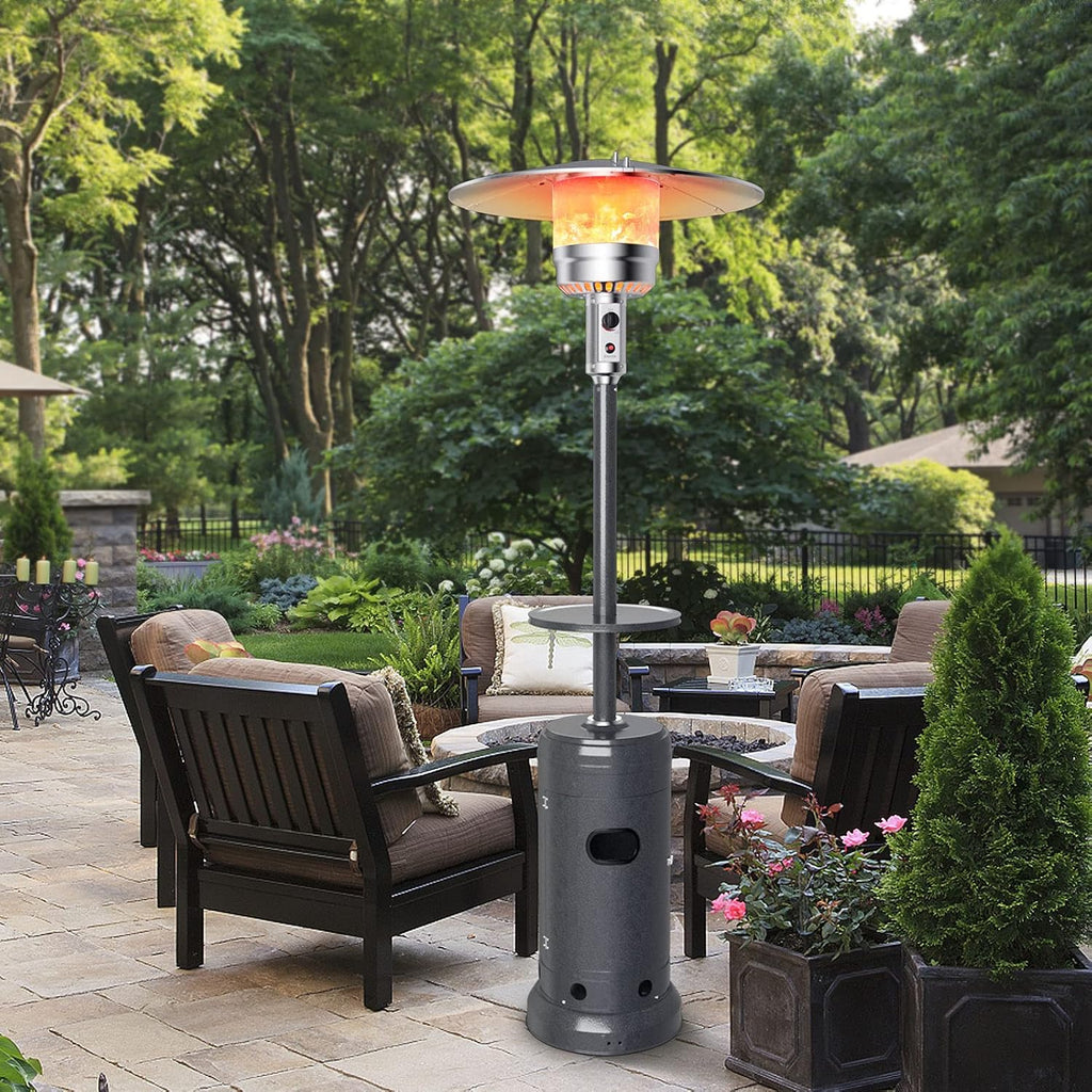 BTU Outdoor Patio Heater, Portable Propane Heater w/Drink Shelf Tabletop, Wheels, Base Reservoir, 87-inch Tall