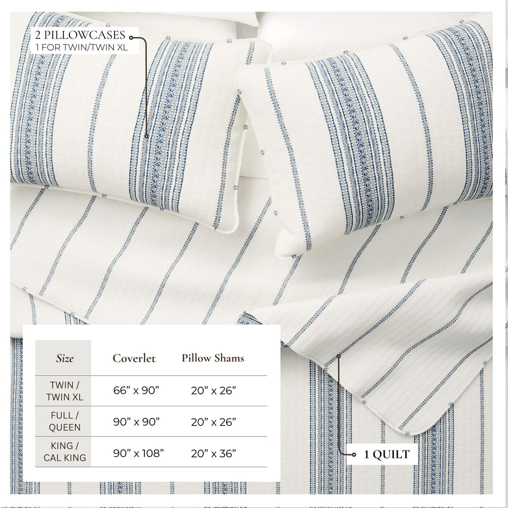 Striped Quilt Set - 3-Piece Size Farmhouse Bedding Set - Lightweight, All-Season, Reversible