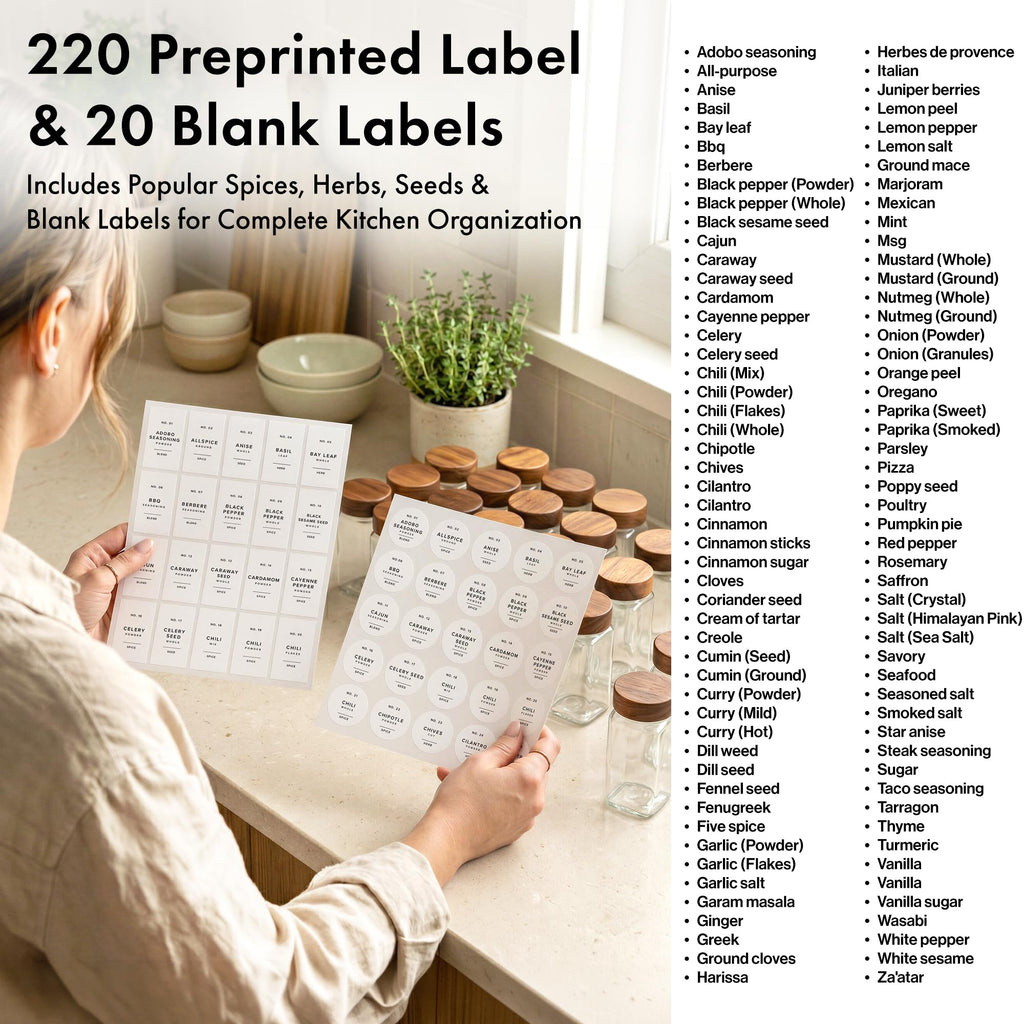 Glass Spice Jars with Label, 24x Acacia Wooden Lids - White Labels