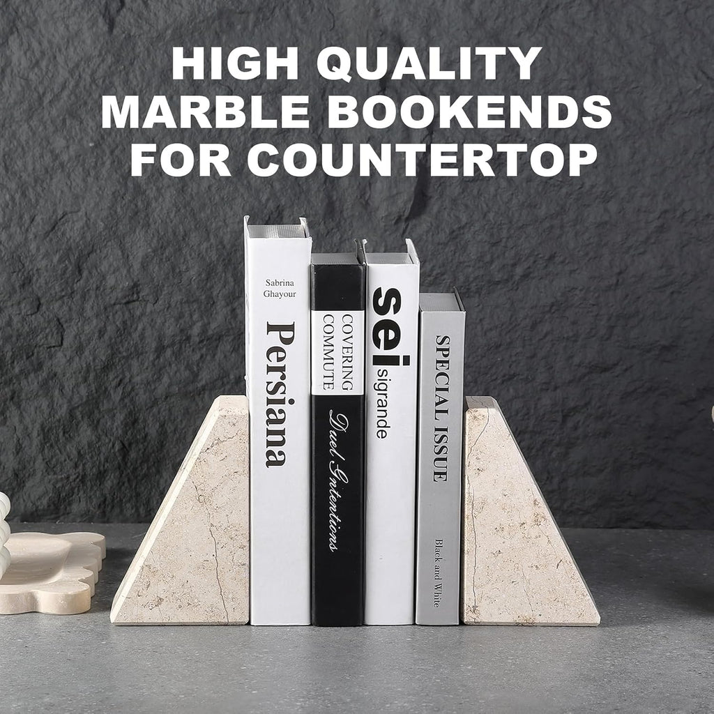 Marble Bookends for Heavy Books, Decorative Book Ends for Shelves, Beige Stone Durable and Heavy-Duty Book Ends for