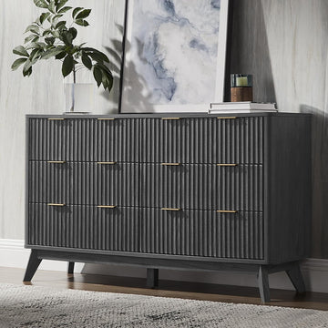 54" Wide Fluted 6 Drawer Dresser , Dark Walnut | Mid Century Modern, Curved Profile, Metal Handles, Anti-tip Kit