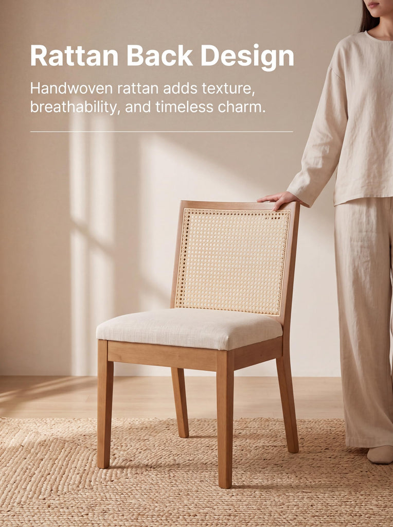 Farmhouse Rattan Dining Chairs Set of 2, Walnut Solid Hardwood Frame, Upholstered Linen Seat, Ergonomic Cane Back