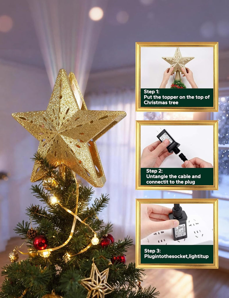 Lighted Christmas Tree Topper with 6 Projection Patterns, Gold