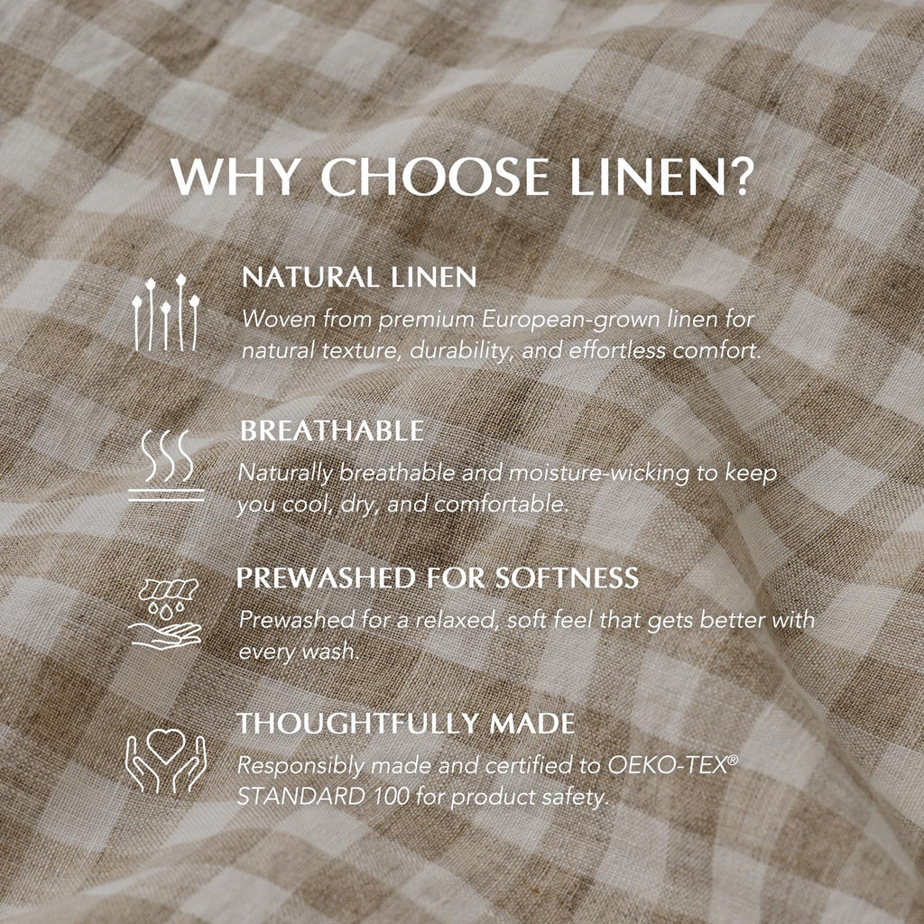 100% European Flax Linen Sheet Set, Natural Gingham