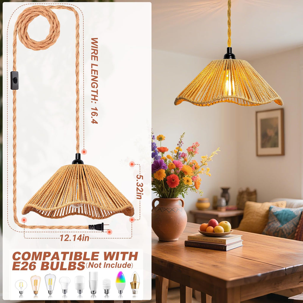 Hanging Lights with Plug in Cord Rattan Hanging Lamp Boho Ceiling Light Fixtures Farmhouse Pendant Lamp Shape Bedroom