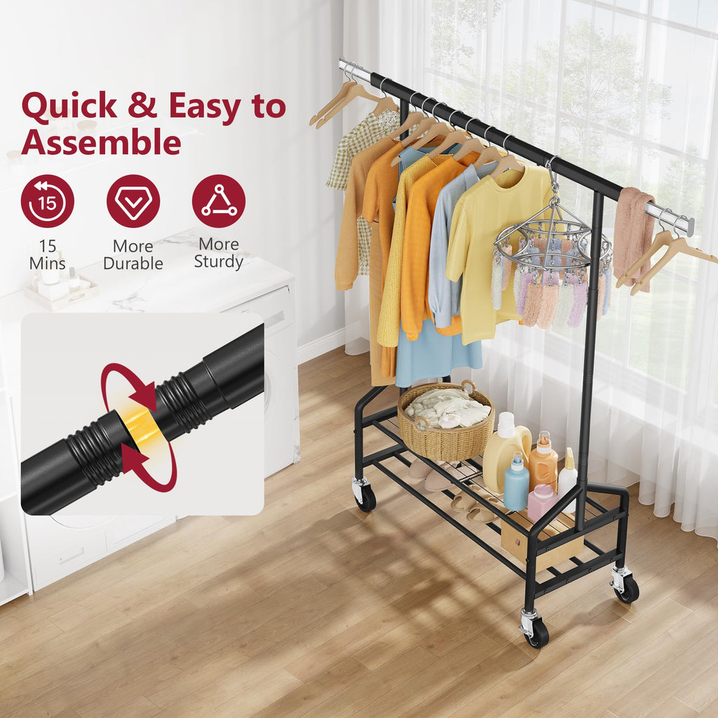 Clothing Rack with 2 Shelves, Heavy Duty Load 350 LBS, Black