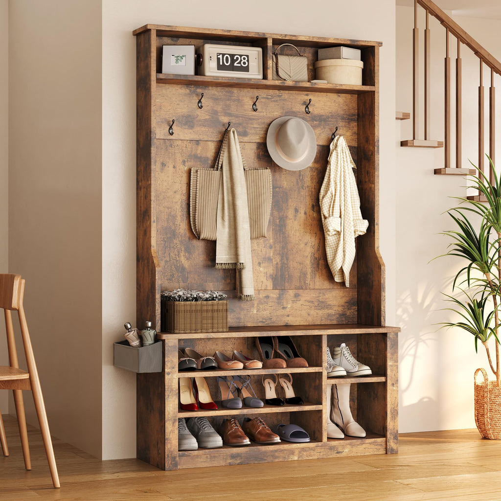 Entryway Hall Tree with Bench and Storage, Rustic Brown