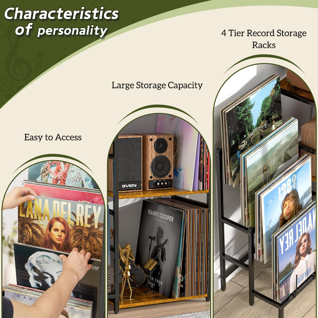 Record Player Stand, Turntable Stand with 4-Tier Vinyl Record Storage, Record Player Table Storage up to 200+ Albums