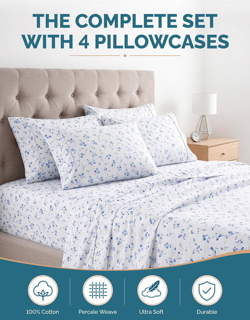 100% Cotton Sheets California King Size Set - 6 Pieces (1 Flat, 1 Fitted, 4 Pillowcases) - Soft, Breathable & Cooling