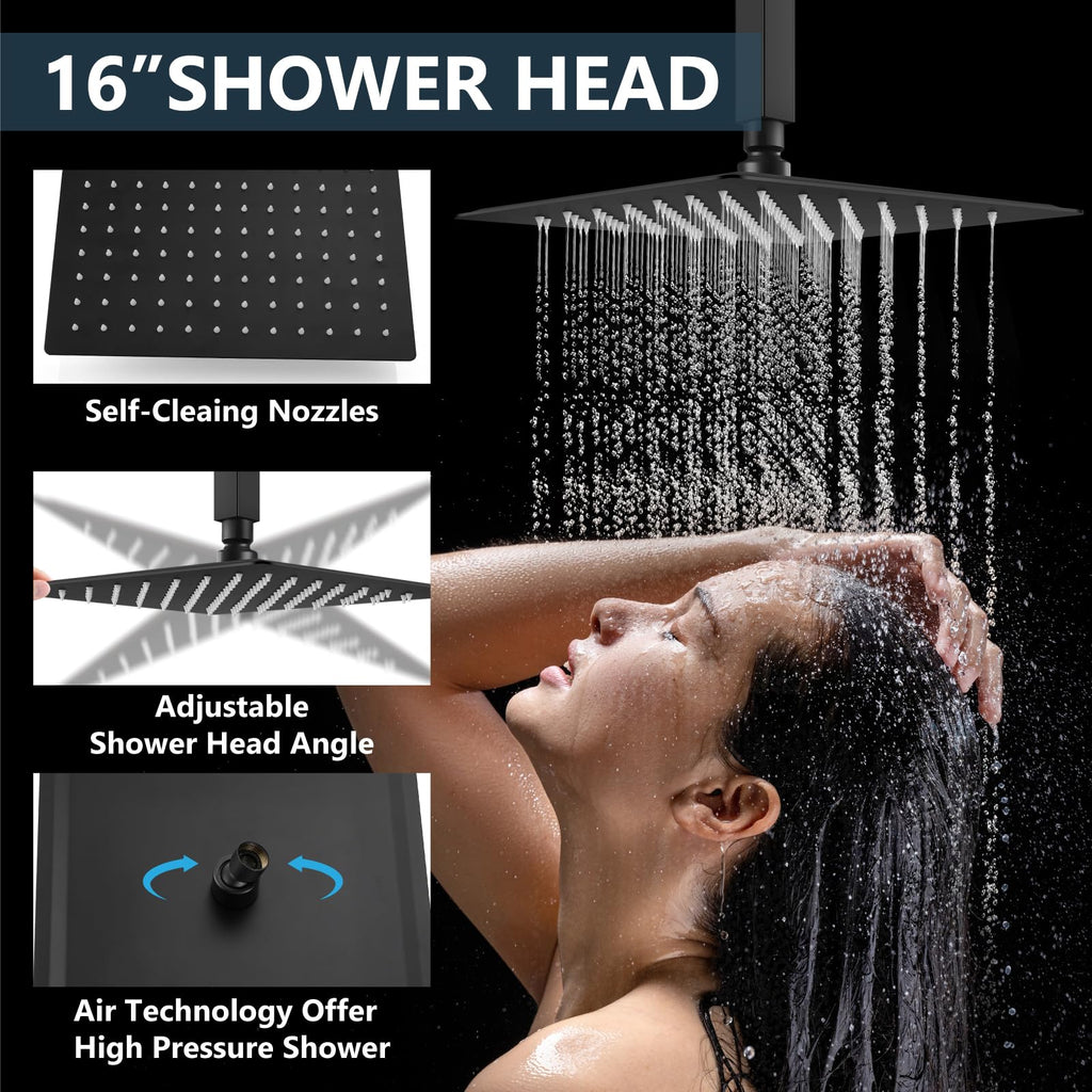 Ceiling Shower Faucet with Handheld 16 Inch Head Matte Black
