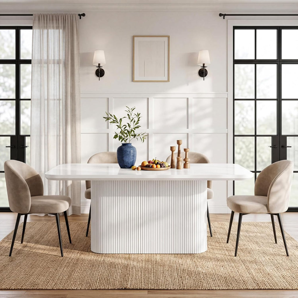 63" White Dining Table with Fluted Pedestal, Modern Kitchen Table for 4-6 People, Dining Room Table for Dining Room