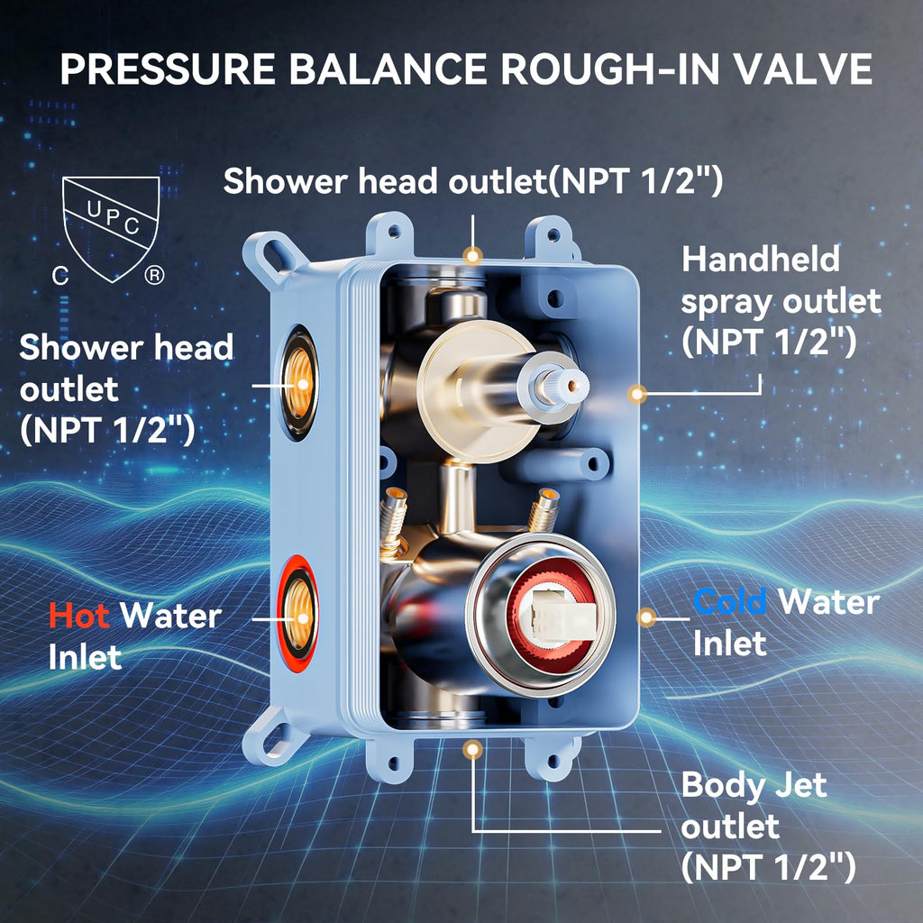 Brushed Nickel Shower System with Jets, 4 Way Shower Faucet Set with 2 in1 Handheld,Ceiling Mount 12"+6" Rain Shower