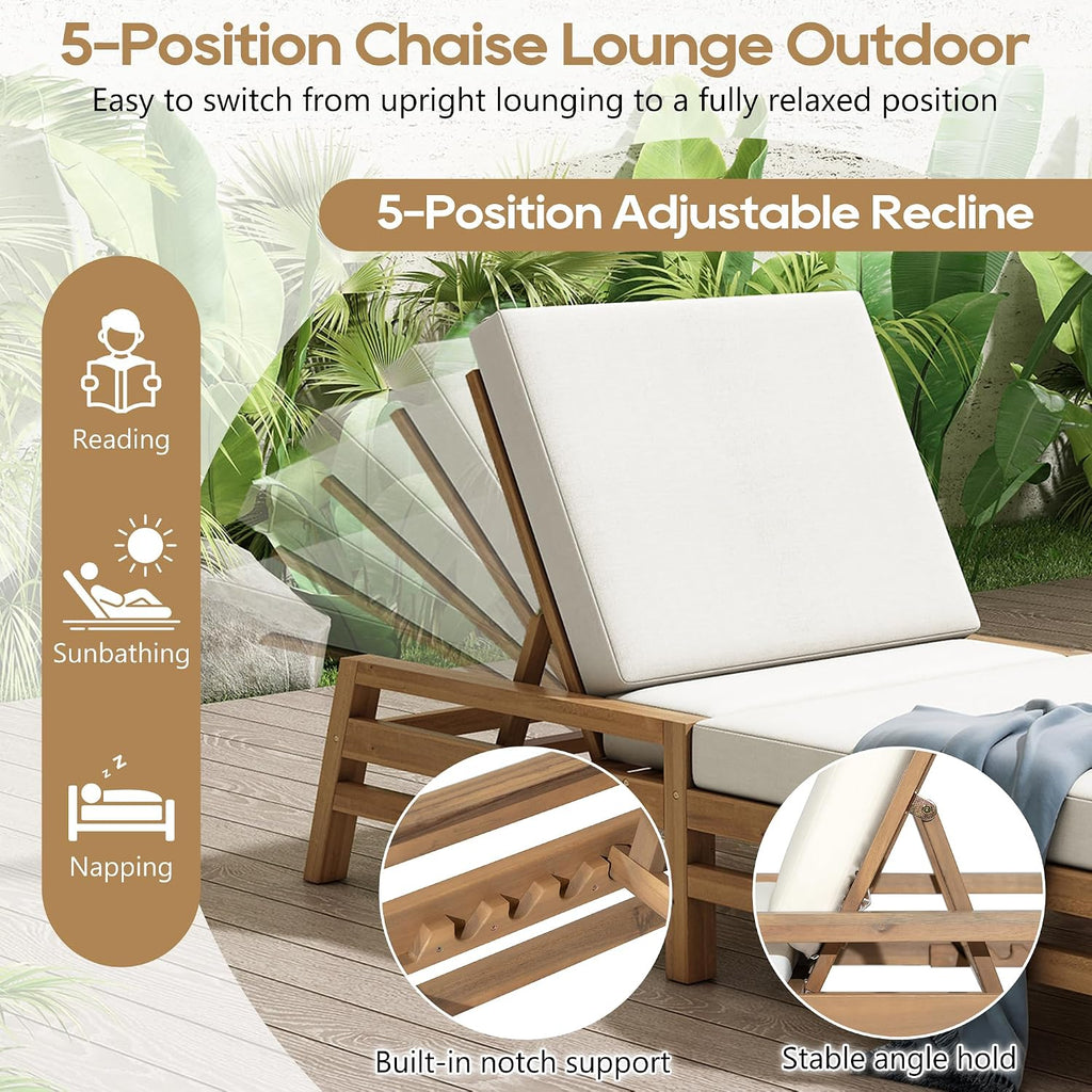 Outdoor Chaise Lounge Chairs Set of 2, Solid Wood Patio 5-Position Adjustable Recliner Chair with Thick Cushions