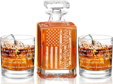 Whiskey Decanter Engraved We The People American Flag Decanter Set with 2 Glasses for Liquor Scotch Bourbon or Wine