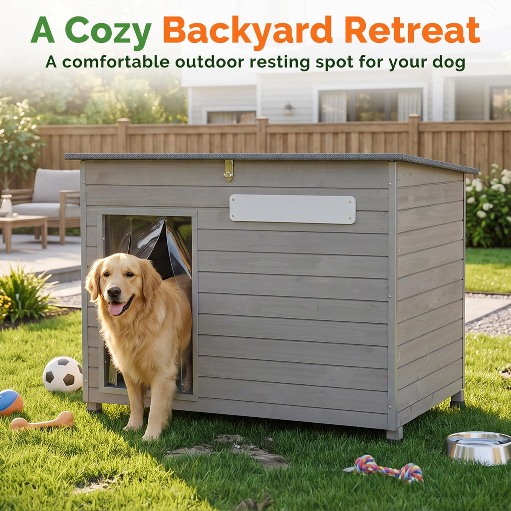 Large Dog House, 43.7-Inch Wooden Outdoor Shelter, Metal Frame