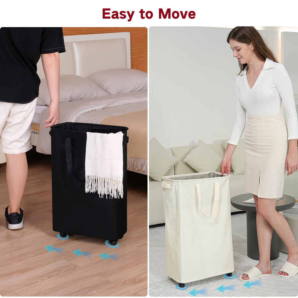 Slim Laundry Hamper with Wheels, Rolling Laundry Basket for Clothes, Small Laundry Basket and Laundry Room, 60L Beige