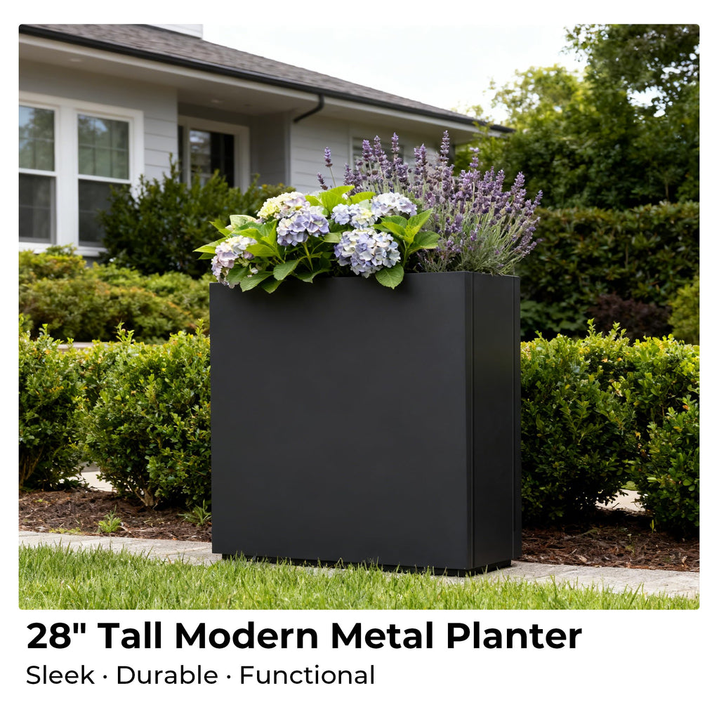 28" Galvanized Steel Planter Box, Outdoor Rectangular Tall Metal Planter with Insert Shelf & Drainage Holes, Matte