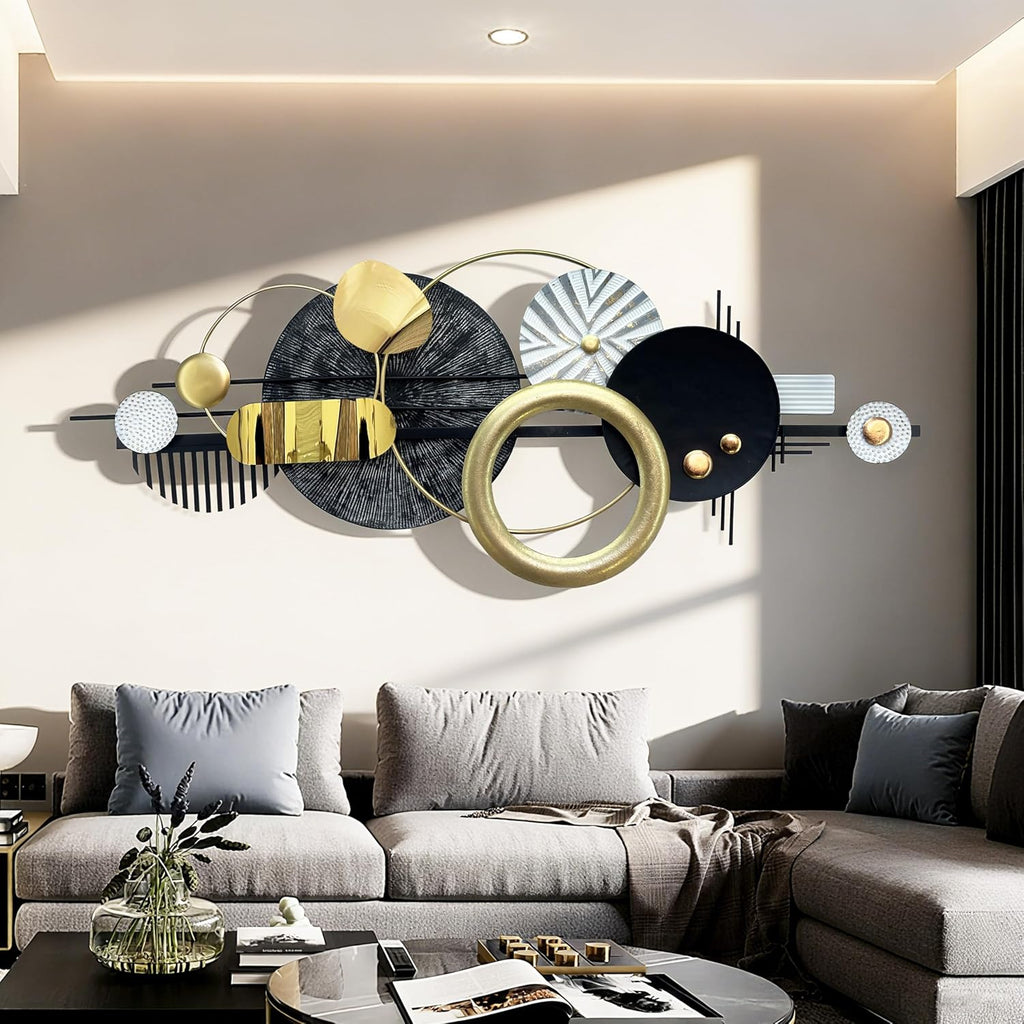 Modern Abstract Metal Wall Art, Gold Black and White Geometric Décor Art Wall Décor, Large 59×24 In 3D Textured Metal