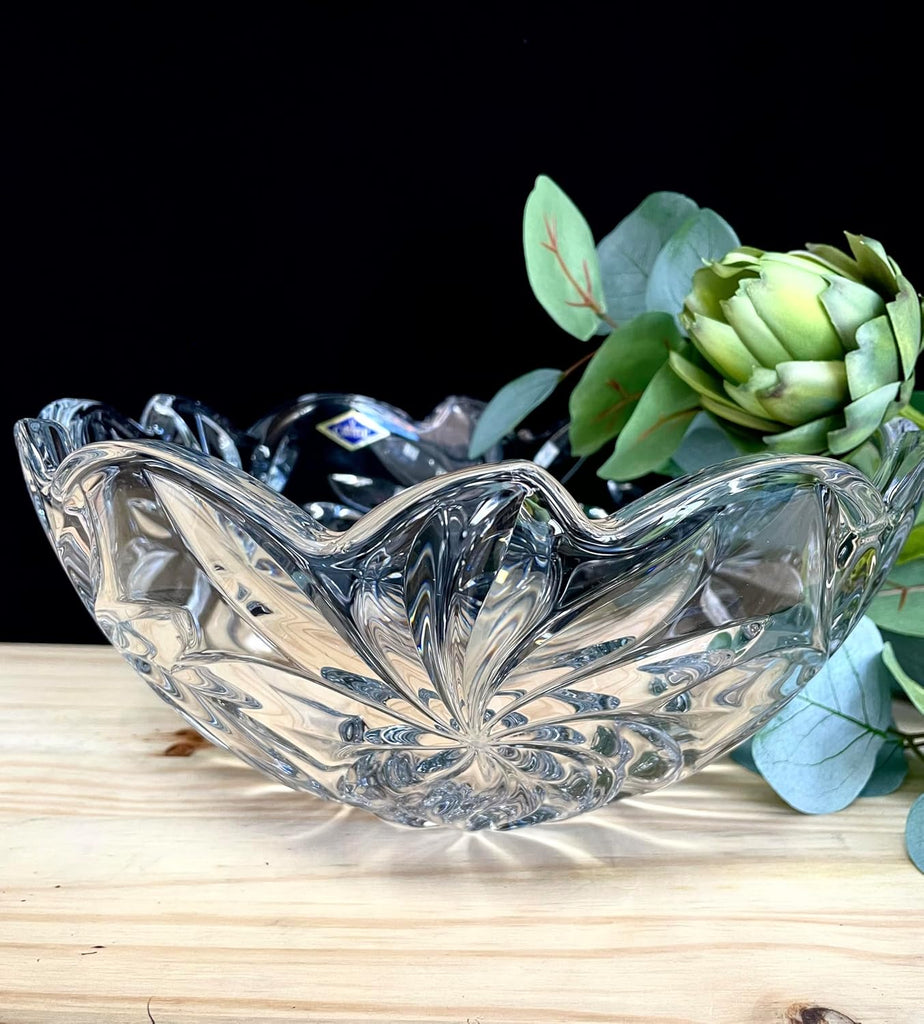 Bohemian Crystal Glass Bowl-Vase 11"-Dia Clear Decorative Wedding Gift Elegant Centerpiece Classic Vintage European