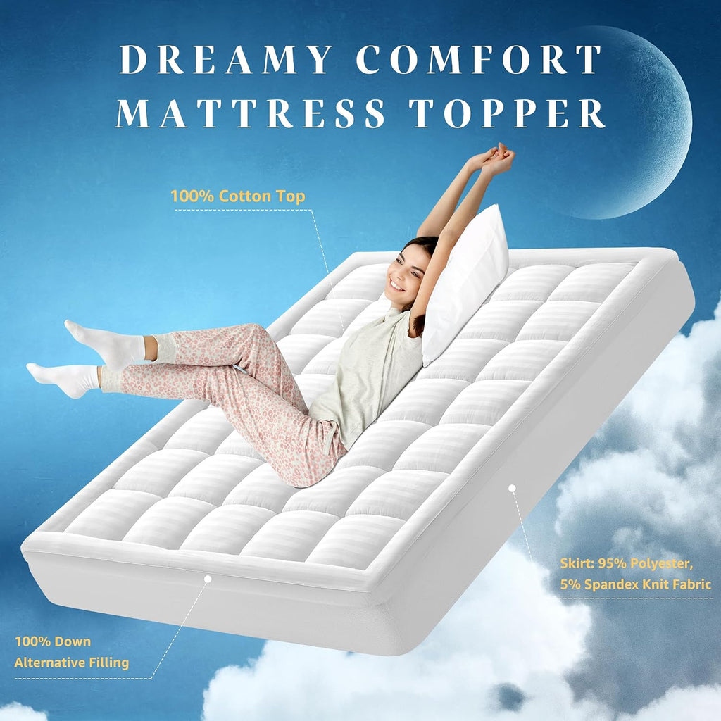 Queen Mattress Topper with 100% Breathable Cotton Top for Back Pain Relief | Ultra Soft Pillow Top Mattress Pad with