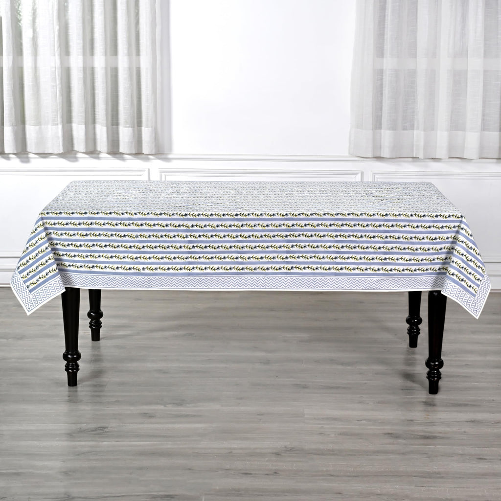 Blue Meadow Vine Hand Block Print Rectangle Tablecloth 90x60 Inch