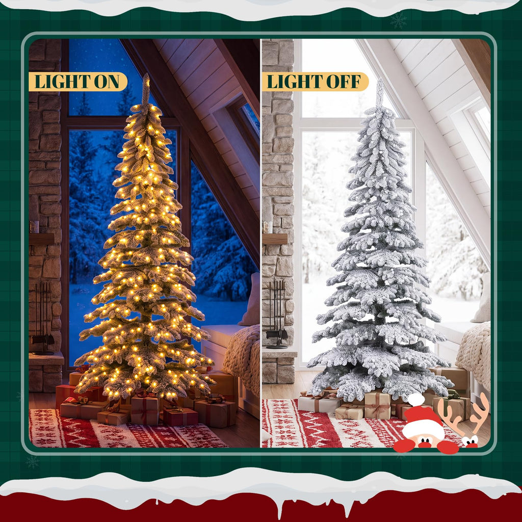 7.5ft Pre-Lit Flocked Slim Artificial Christmas Tree, 450 LED Lights