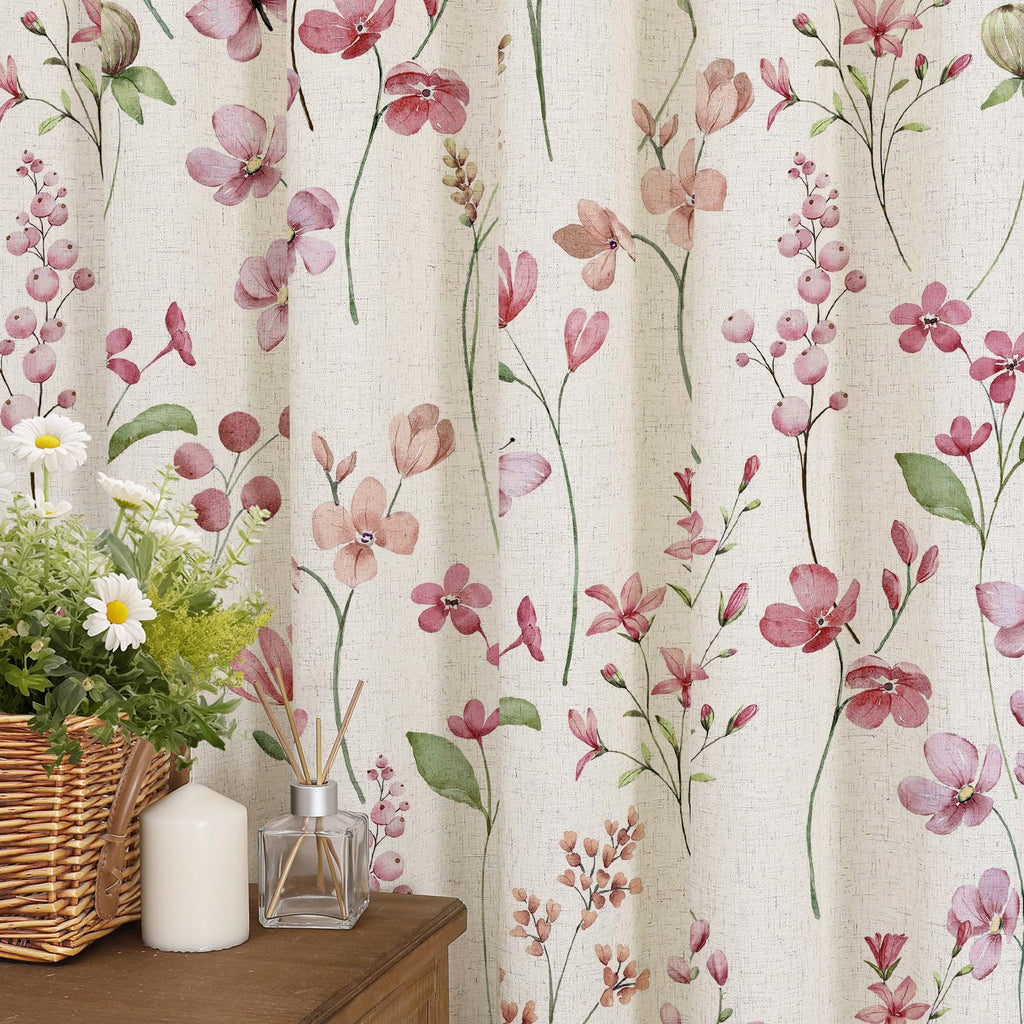 Linen Farmhouse Floral, Pink Butterfly Flower, Modern Minimalist White Waterproof Fabric Set, 72x72 Inch