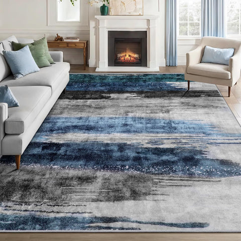 5x7 Washable Modern Abstract Area Rug, Low Pile Non-Slip Carpet for Living Room Bedroom Navy Grey
