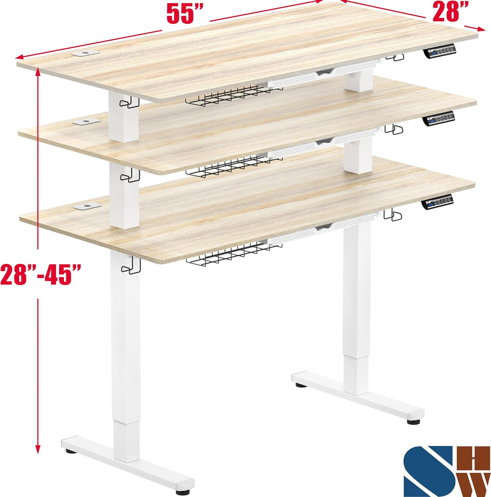 55 x 28 Electric Height Adjustable Standing Desk w/Drawer, Maple | w/ Memory Presets and Cable Management | Drawer