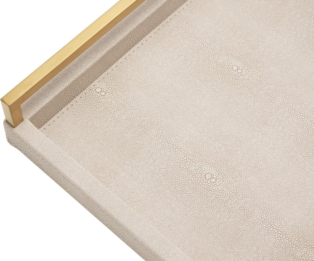 Ivory Shagreen Leather Serving Tray with Gold Handles-17.7x11.8 Inch Large Wooden Decorative Ottoman Tray fro Coffee