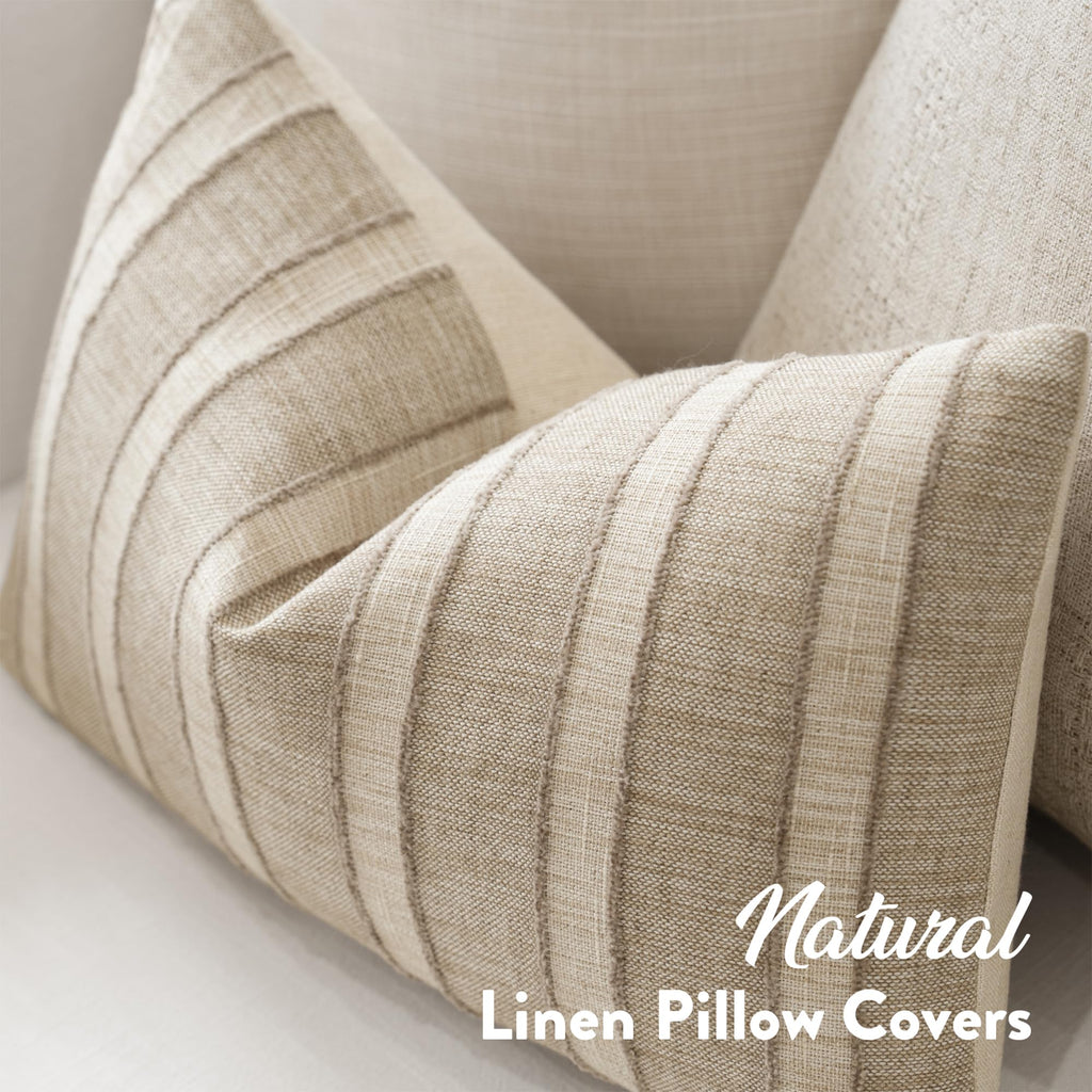Striped Lumbar Throw Pillow Covers 12x20 Set of 2, Natural Linen