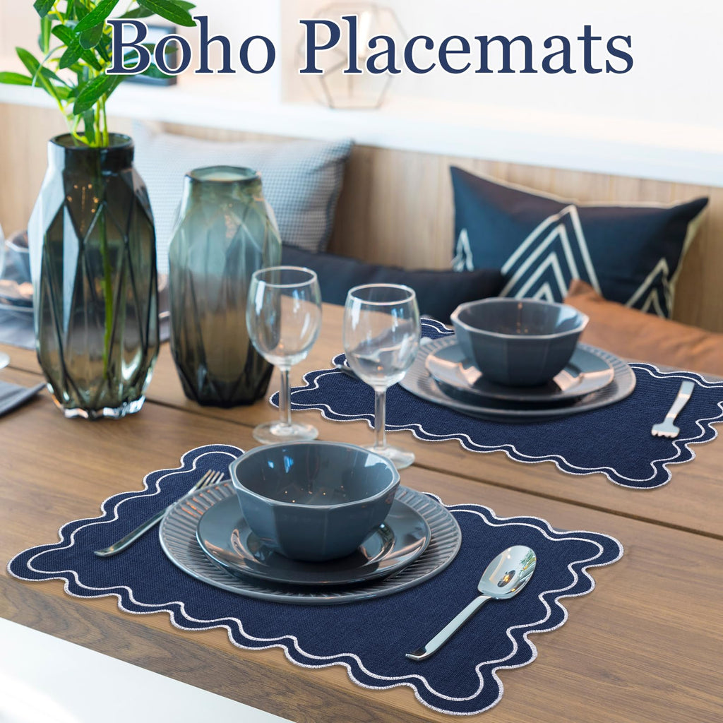 Navy Blue with White Scalloped Placemats Set of 6, Rectangle