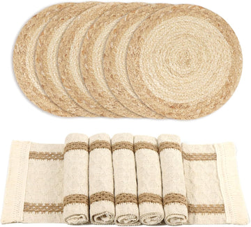 Boho Table Runner & 6-Piece Woven Placemats Set - Natural Cotton Burlap & Water Straw Combination, Bohemian Dining - Set of 6