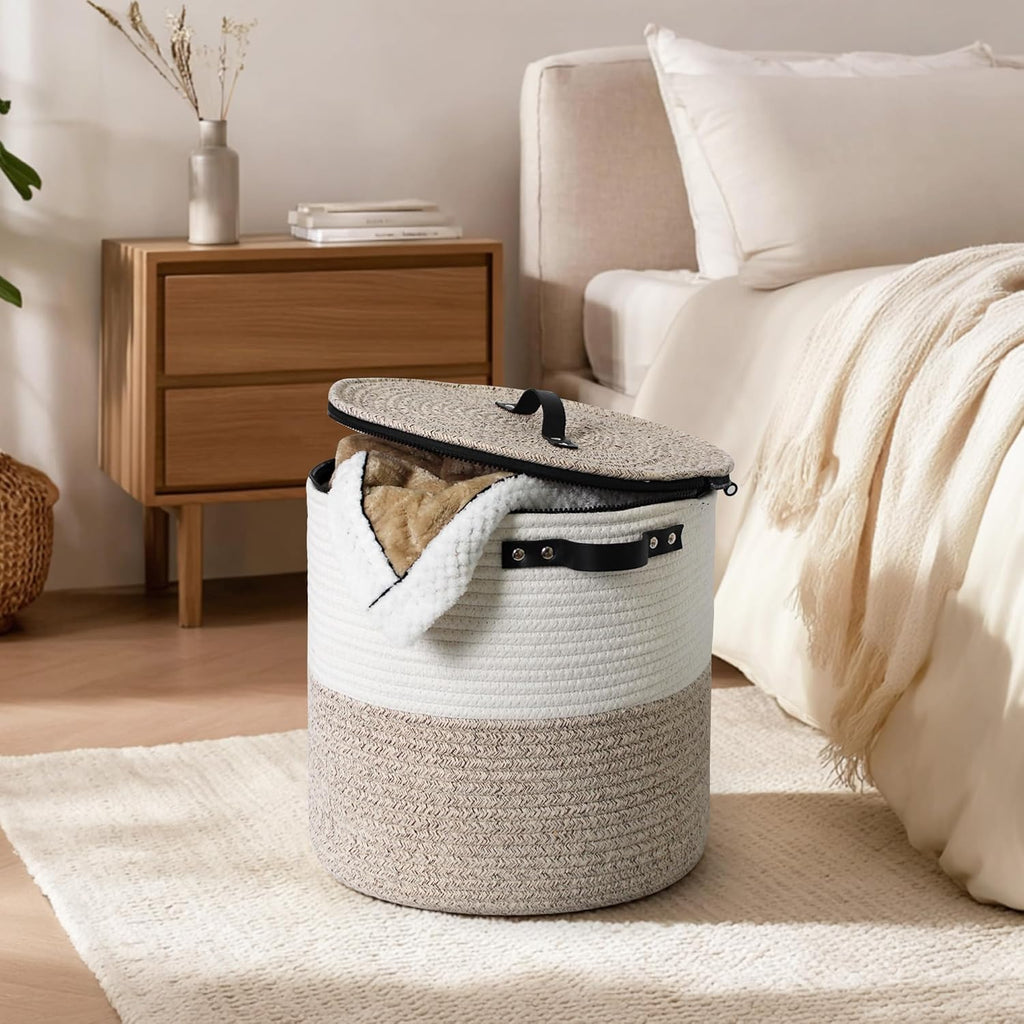 Basket with Lid, 15"x13" Round Woven Blanket Storage , Decorative Cotton Rope Hamper with Zipper Top, Wicker Basket